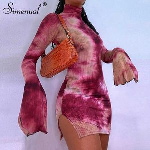 Simenual Tie Dye Mockネックボディコンドレスのための女性サイドスプリットリブ長袖クラブウェアミッドナイトアウトフィットパーティーミニDrot x0529