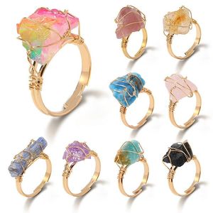 Wire Wrap Raw Healing Natural Stone Crystal Rings Gold Adjustable Amethyst Pink Quartz Women Ring Party Wedding Jewelry