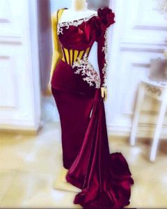 Burgunderrotes arabisches Meerjungfrau-Abendkleid aus Samt mit Applikation, formelles langes muslimisches Partykleid, Ballkleider, algerisches Outfit