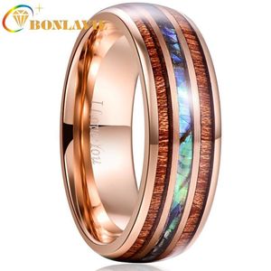 Ringos de cluster Bonlavie 8mm Hawaiian Koa Wood e abalone tungsten carbide Bandas de casamento para homens conforto ajuste tamanho 4 a 17