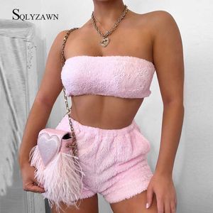 Casual Pink Fluffy Sweatsuit Summer Off Shoulder High Waist Shorts Two Piece Set Women Sexy Sleeveless Crop Top 2 Piece Outfits Y0702
