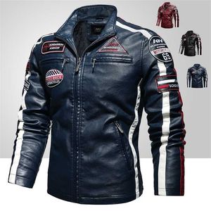 Mens vintage motorcykeljacka män mode biker läderjacka manlig broderi bomber kappa vinter fleece pu overcoat 211111