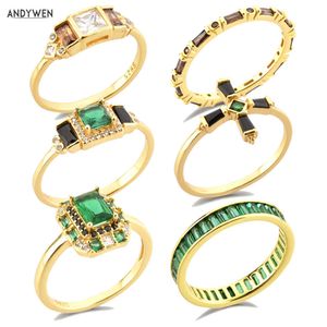 Andywen 925 Sterling Silver Gold Clear Green Cyrkon Kolekcja Pierścień Luksusowe Anillofino Marilyn Crystal Black Women Wedding 210608