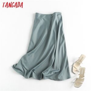 Tangada women solid quality satin midi skirt vintage side zipper office ladies elegant chic A-line skirts 6D18 210310