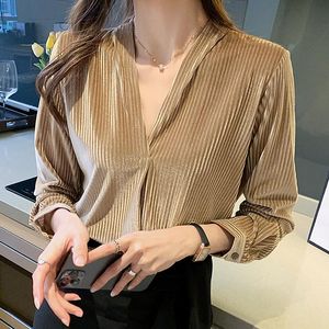Bloups feminina camisas Blusa Mulheres 2021 Autumn Korean-decote V solto de manga longa Camisa de veludo de ouro comprido Tampo de cor sólida fêmea fêmea feminina