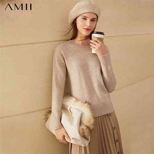 Minimalism Fashion 100% ullsweaters för kvinnor Kausal Solid Oneck Loose Women's Sweater Kvinna Pullover Toppar 12070629 210527
