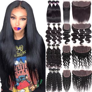 best selling 30 40 Inches Human Remy Hair Bundles With Lace Frontal Closure Straight Body Deep Water Loose Wave Jerry Kinky Curly Brazilian Virgin 3 4 Weave Weft Extension 10A Grade