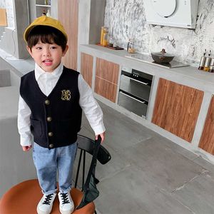 Sonbahar Erkek Moda Örme Hırka Yelek Kore Tarzı Kolsuz Mektup Baskı Giyim Çocuk Rahat Okul Yelekler 210615