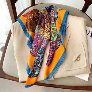 70x70 CM Square Neck Silk Scarf 2022 Top Kobiety Moda Szaliki Dla Panie Nowy Print Fullard Szale Okładki Office Małe Włosy Hidżab Y220228