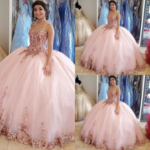 Vestidos de quinceañera elegantes con lentejuelas rosas y doradas, vestido de gala, escote corazón, sin mangas, tallas grandes, lentejuelas, encaje, fiesta formal, vestidos de noche de graduación