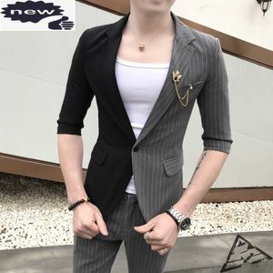 Mens Half Sleeve Blazer Jacket Suit Striped Patchwork Slim Fit Two Piece Set Business Man Coordinates Night Club Clothes Suits X0909