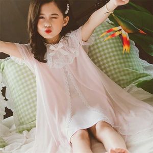 Pajamas For Girls Summer Princess Lace Nightdress Children'S Pyjamas soft Nightgown Home Clothes 4 6 8 10 12 14 Years Old 211130