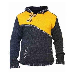 Mäns Hoodies Sweatshirts Män Stickad Hoodie Cow Horn Spännen Drawstring Patchwork Framficka Höst Vinter Male Sweatshirt Sweater Clot