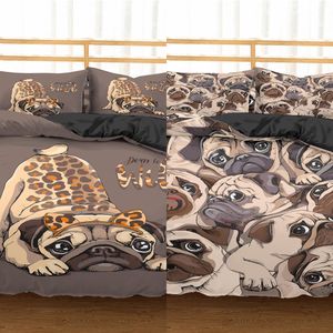 Homesky Cartoon Pug Dog Bedding Set Pug Dog Bed Set Duvet Cover Set King Queen Size Trevlig sängkläder Set sängkläder C0223