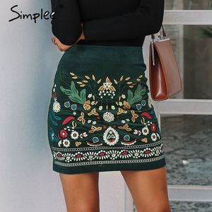 Simplee Vintage High Waist Skirts Womens Bottom Boho 연필 코듀로이 겨울 치마 여성 자수 가을 섹시한 녹색 미니 스커트 210309