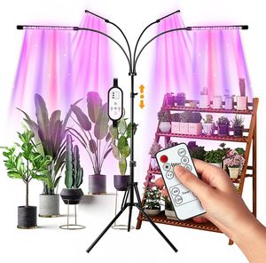 LED Grow Lights 4 Kafa İç Mekan Bitkileri Tam Spektrum Işık Tripod Ayarlanabilir Stand Zemin 4/8/12H Uzaktan Kumanda ile Zamanlayıcı