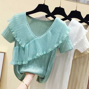 Summer Knit Sweater Vintage Ladies Tops Solid Blusa Red Elasticity Short Sleeve Blue Loose ruffle Women Tops 210604