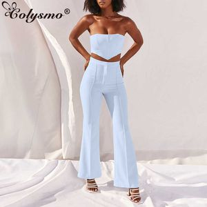 Colysmo Boning Bustier Długie Flare Spodnie Dwuczęściowe Zestaw Kobiety Sexy Crop Top High Waist Spodnie Ol Casual Autumn Outfit White 210527