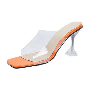 Sandálias Fish Toe Shoes Transparente Plus Crystal Clear Heel Cone para estabilizar as mulheres Chinelos de salto alto tamanho 43