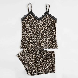 Seksi Moda Dantel Lingerie Ipek Iç Çamaşırı Leopar Baskı Pijama 2-piece Dantel Saten Pijama Pijama Seksi Mujer Q0706