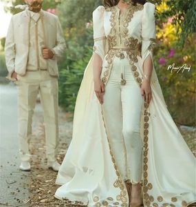 Wholesale suits dresses for prom resale online - Moroccan Caftan Pants Evening Dresses Lace Appliques cape Long Sleeve Off Shoulder arabic Prom Dress with pant suit