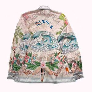 Style Casablanca Surf Club 22ss Wave Gradient Flower Silk Men's and Women's Long Sleeved Shirt