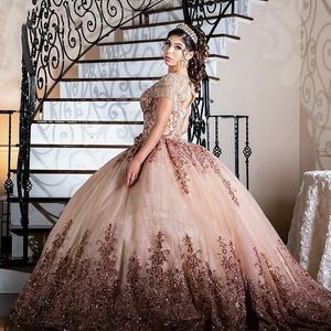 Vestidos DE 15 Años 2021 Scoop Neck Tassel Zroszony Quinceanera Suknie Rose Gold Aplikacja Keyhole Back Ball Sweet 16 Prom Suknie