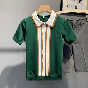 Polos dos homens de alta qualidade verão manga curta listrada camisa 2021 moda mens curva-se colarinho fita fita camisetas Casual Cardigan