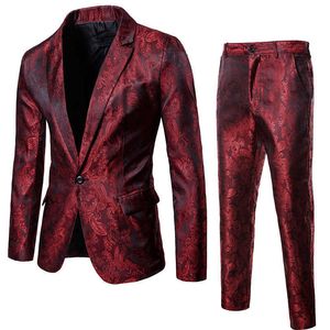 Wine Red Nightclub Paisley Suit (Jacket+Pants) Men 2018 Fashion Single Breasted Mens Suits Stage Party Wedding Tuxedo Blazer 3XL X0909