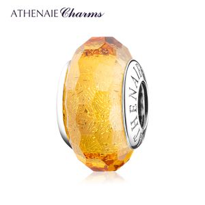 Athenaie 100% Authentic 925 Sterling Silver Faceted Golden Murano Glass Charms Bead För Original DIY Armband Halsband Kvinnor Q0531