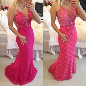 Lace Illusion Prom Dresses Pearl Beading Mermaid Sheer Neck Evening Party Gowns Plus Size Custom Made