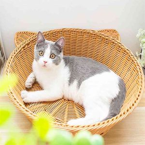 Handcrafted Rattan Wicker Cat Bed Couch Summer Cool Rope Round Beds Houses Pet Nest Kitten Lounge Sofa Condo Kitty Sleep Kennel 210722