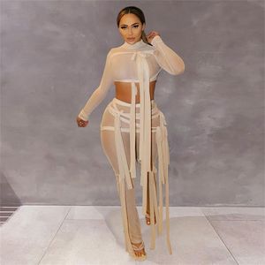 Bänder Hipster Sheer Mesh Sexy Zwei Stück Set Frauen Rollkragen Crop Top + Hosen Solide Straße Durchsichtig Passendes Outfit 211007