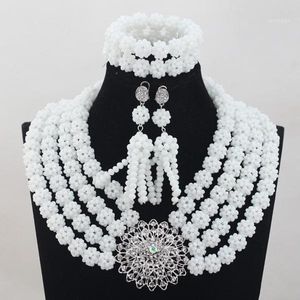 Earrings & Necklace Elegant White African Beaded Costume Jewellery Set Nigerian Women Wedding Engagement Party Gift QW766