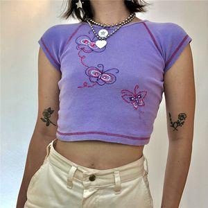 Women s T Shirt E Girl Aesthetics Butterfly Embroidery Baby Tees Y2K Streetwear O neck Short Sleeve Purple T shirts Kawaii Crop Tops