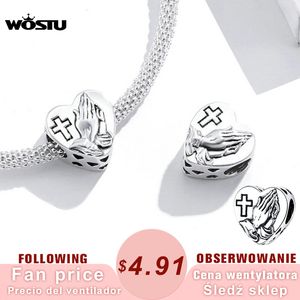 WOSTU Heart & Cross Charm 925 Sterling Silver Pray For Love Pendant Fit Original Bracelet Necklace For Women Jewelry CTC317 Q0531