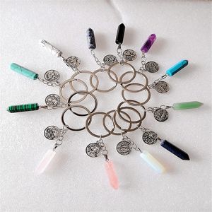 Natural Quartz Stone Keychains Rings 12 Zodiac Signs Constellations Crystal Column Hexagon Prism Pendant Fashion Car Keyring Chains Charms Women Men Jewelry Gifts