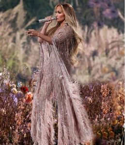 Suknia wieczorowa Kobiety Dress Yousef Aljasmi Jumpsuit V-Neck Purple Feather Jennifor Długa Sukienka Kryształowa Tassel Kim Kardashian Kylie Jenner