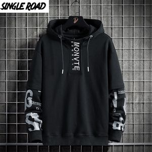 Felpe con cappuccio da uomo Single Road Patchwork Moda Felpa Harajuku Hip Hop Streetwear giapponese Casual Felpa con cappuccio oversize nera 220215