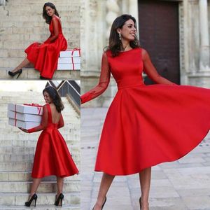 Prom Dresses Red Long Sleeves Custom Made Plus Size Scoop Neck Sexy Backless Evening Party Gown Tea Length Formal Ocn Celebrity Wear Vestidos 2022