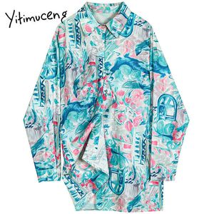 Yitimuceng Vintage Print Blouse Women Button Up Shirt Loose Spring Turn-down Collar Long Sleeve Office Lady Casual Tops 210601