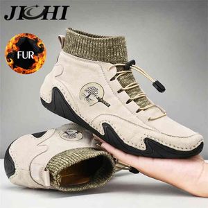 Jichi inverno homens botas de moda tornozelo sapatos de couro quente de pelúcia neve 's casual luz confortável tamanho grande 48 210902