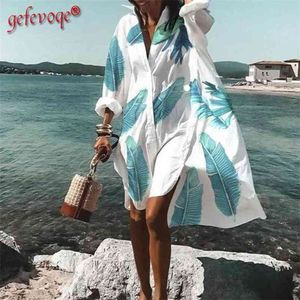 여름 여성 드레스 턴 다운 칼라 인쇄 캐주얼 긴 소매 셔츠 드레스 플러스 사이즈 느슨한 해변 파티 Vestidos Robe Blouse 210719