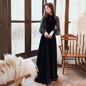 Ethnic Clothing Velour Perspective Lantern Sleeve Cheongsam Elegant Crew Neck Pleated Maxi Dress Fairy Bling Sequins Vintage Evening Party Q