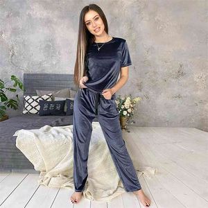 Hiloc Blue Velvet Sleepwear Winter Warm Home Suit Set Kvinnliga Pyjamas Lösa Byxor Ribbon Sticka Short Sleeve Två Piece Set Lounge 210809