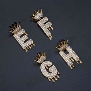A-Z Initial Bubble Letter Name Crown Drip Letters Pendant Necklaces Men Women Gold Silver Color CZ Hip Hop Jewelry Gifts H1125