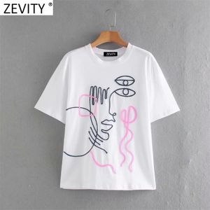 Zevity Women Basic o pescoço de manga curta casual slim camiseta feminina abstrata Apliques Chic Knit Summer Tops LS9081 210623