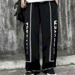 Pantaloni casual dritti larghi Pantaloni selvaggi per uomo e donna Stampa di testo giapponese nero scuro Stile Yamamoto 210526