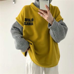 Fake Två bitar Turtleneck Sweatshirt Kvinnors Sticka Ärm Vinter Lösa Varma Kvinnor Pullover Harajuku Streetwear 210531