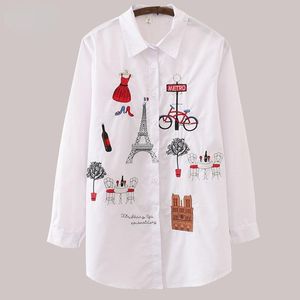 女性のブラウスシャツ白人女性ブラウス 2021 長袖綿刺繍レディカジュアルボタンデザインターンダウン襟女性シャツ 5083
